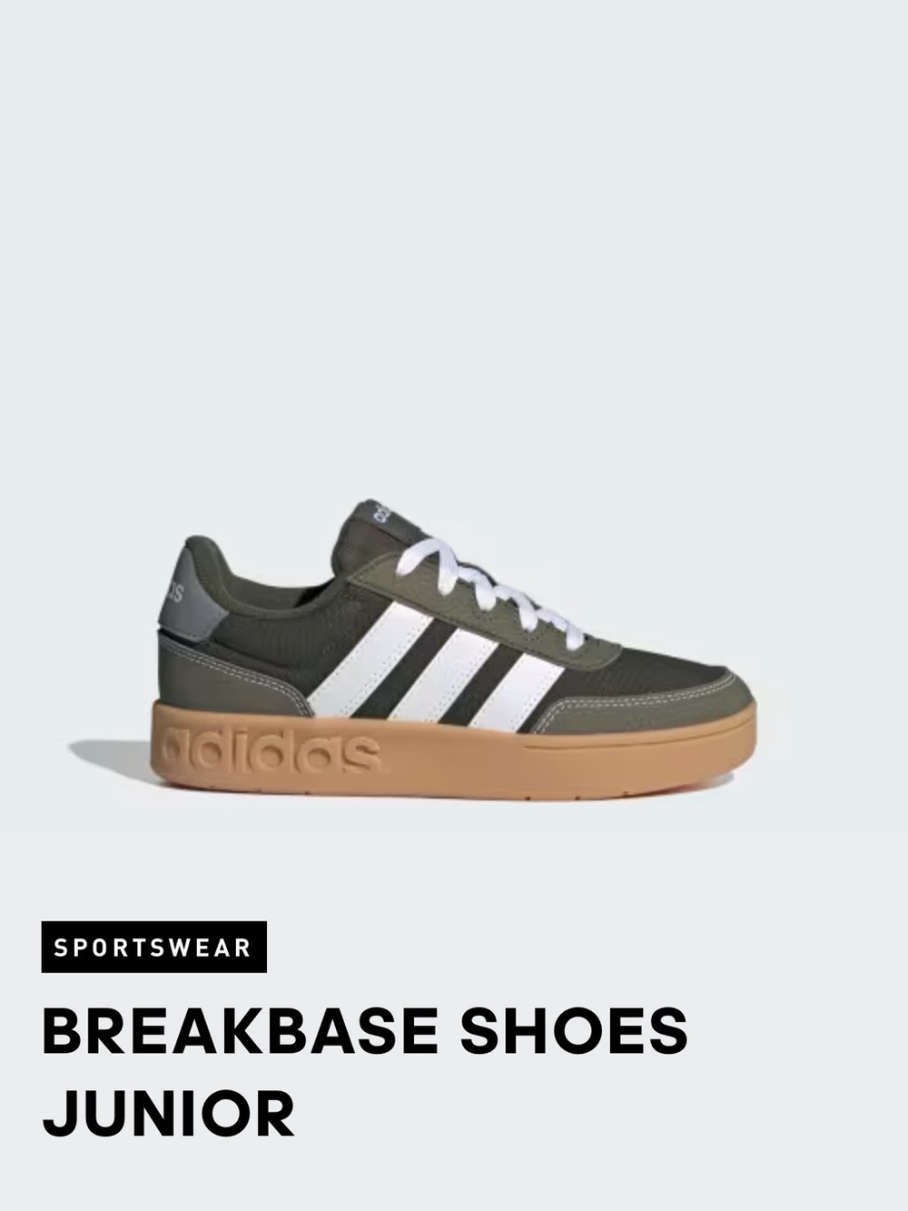 adidas Kids Breakbase Sneakers — Olive Green with White Stripes and Gum Sole